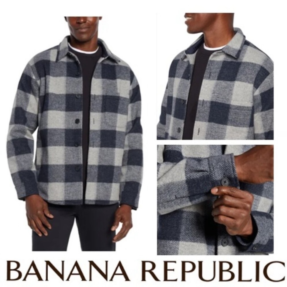 Banana Republic Heritage Blue Gray Plaid Shirt Jacket, L Large
